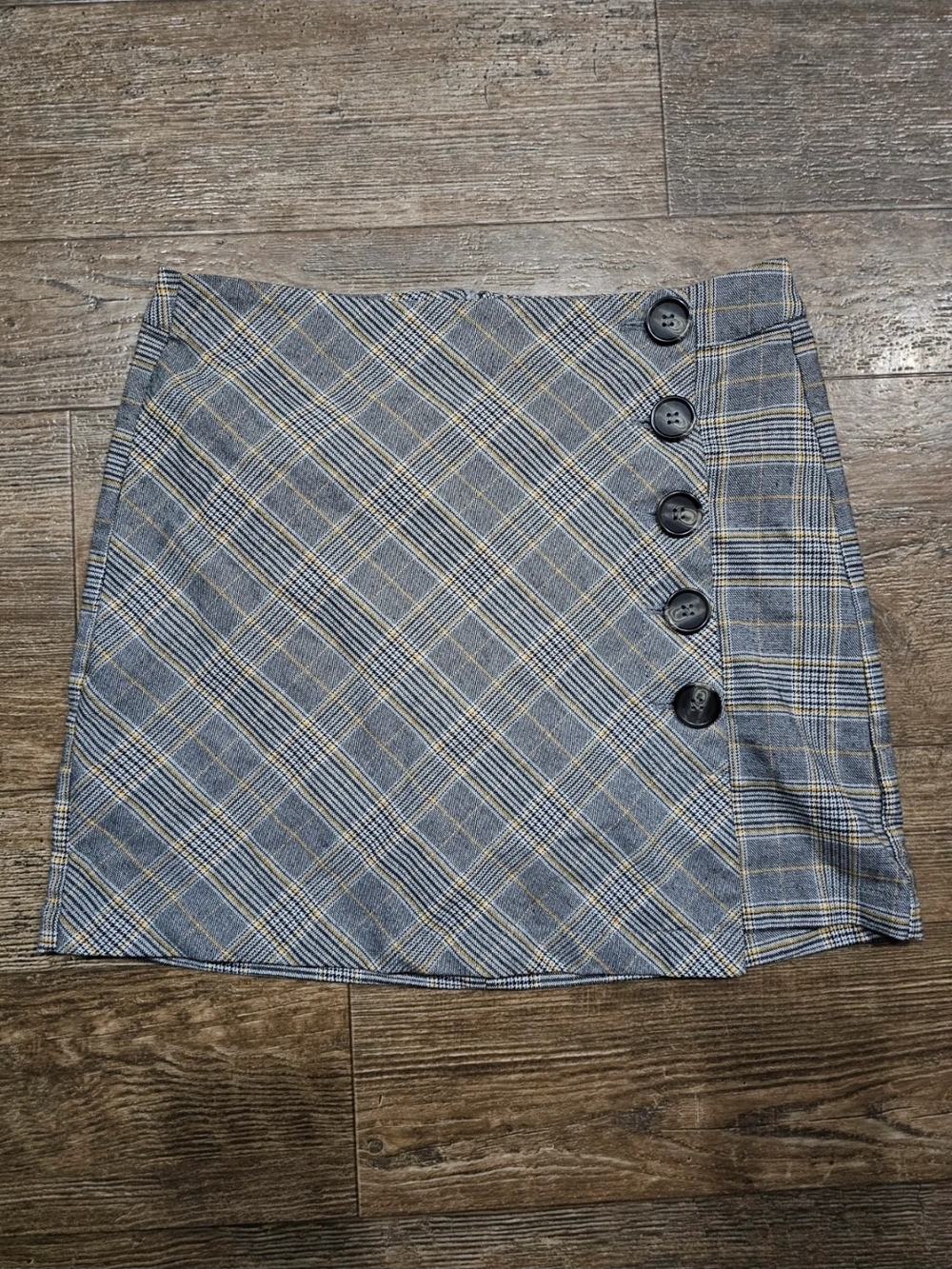 Blue Spice Gray Plaid Mini Skirt with Side Buttons